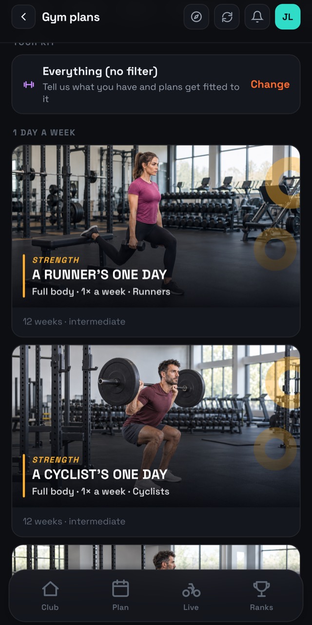 The gym plan shelf filtered by sport