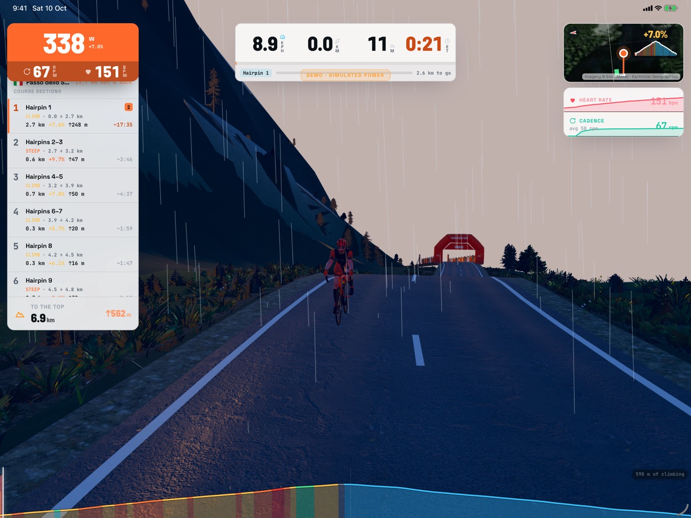 Two riders under a finish arch in the rain on a 3D climb