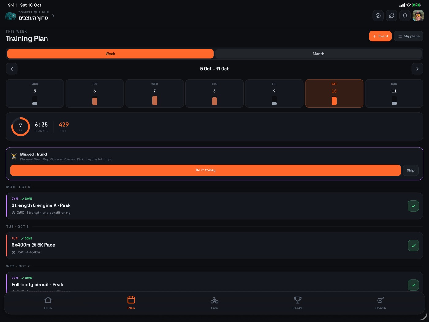 The Domestique Hub training plan on iPad: the week's sessions and load, with gym sessions beside the runs