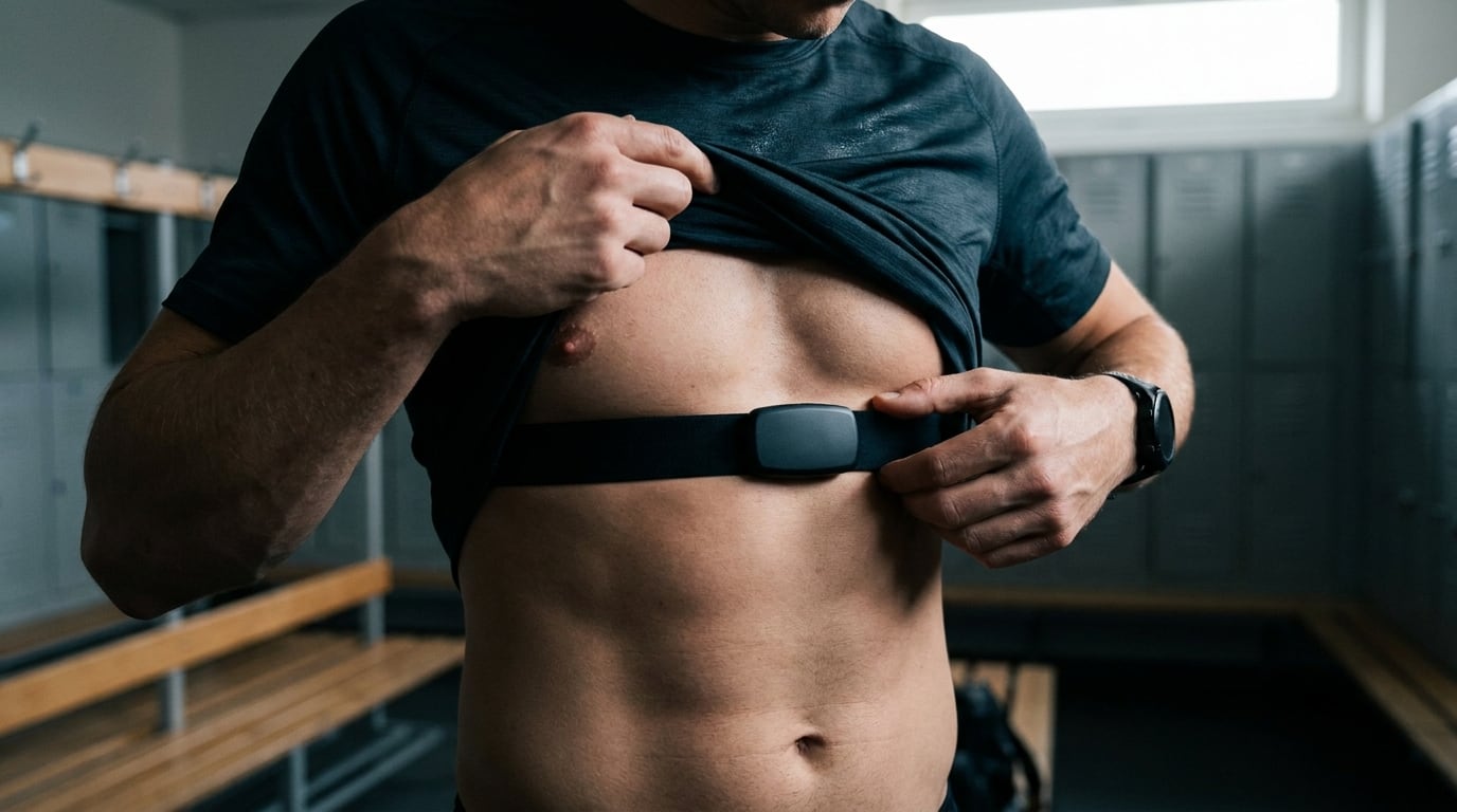 An athlete fitting a chest heart-rate strap before training