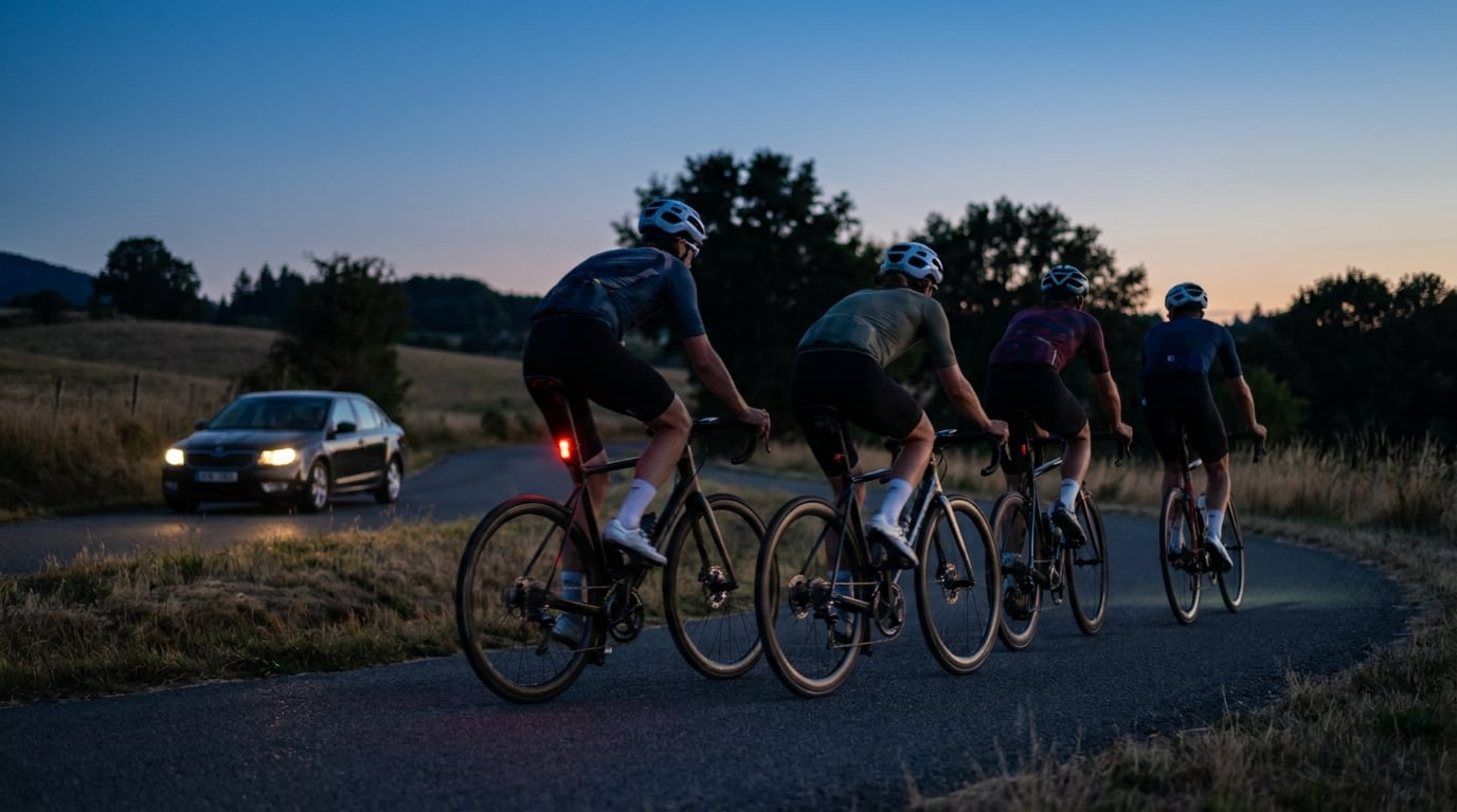 Four cyclists riding single file at dusk, the last with a glowing red radar tail light, a car approaching from behind