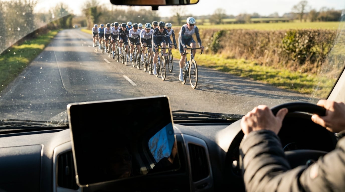 View from inside a support car following a line of cyclists, a tablet in a dashboard cradle in the foreground